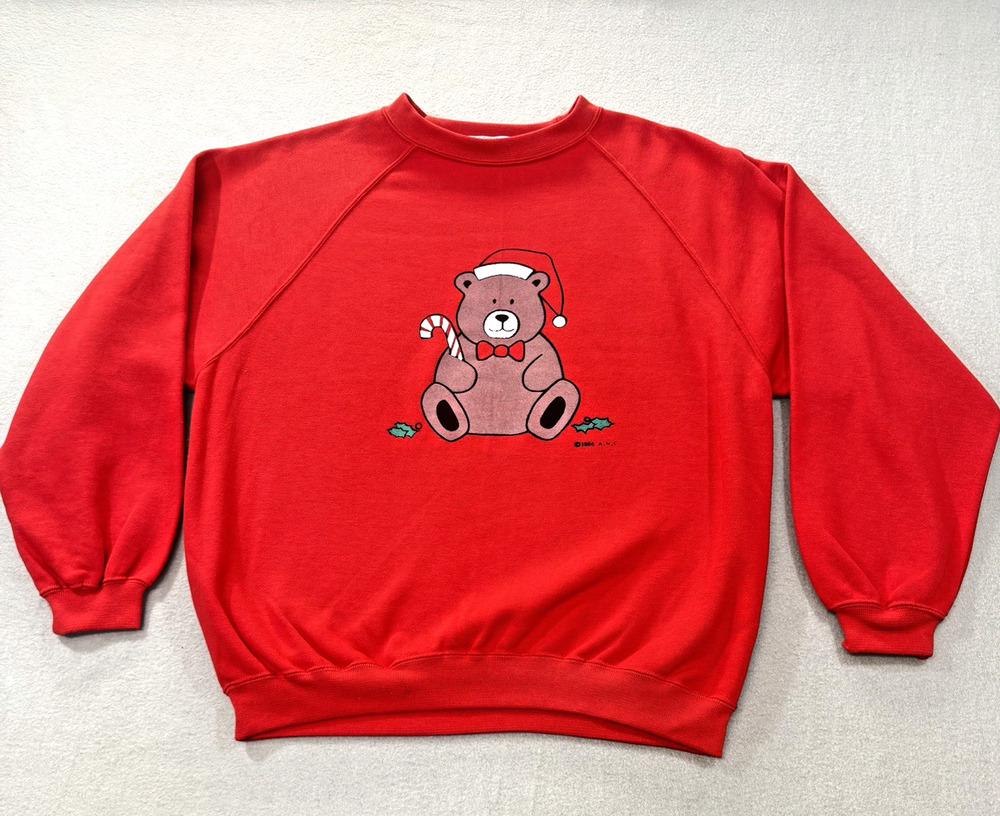Vintage 1986 Christmas Holiday Crew Sweatshirt Teddy Bear Santa Red 80s Granny